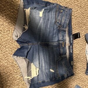 Torrid Ripped Fishnet Detail Denim Shorts Blue